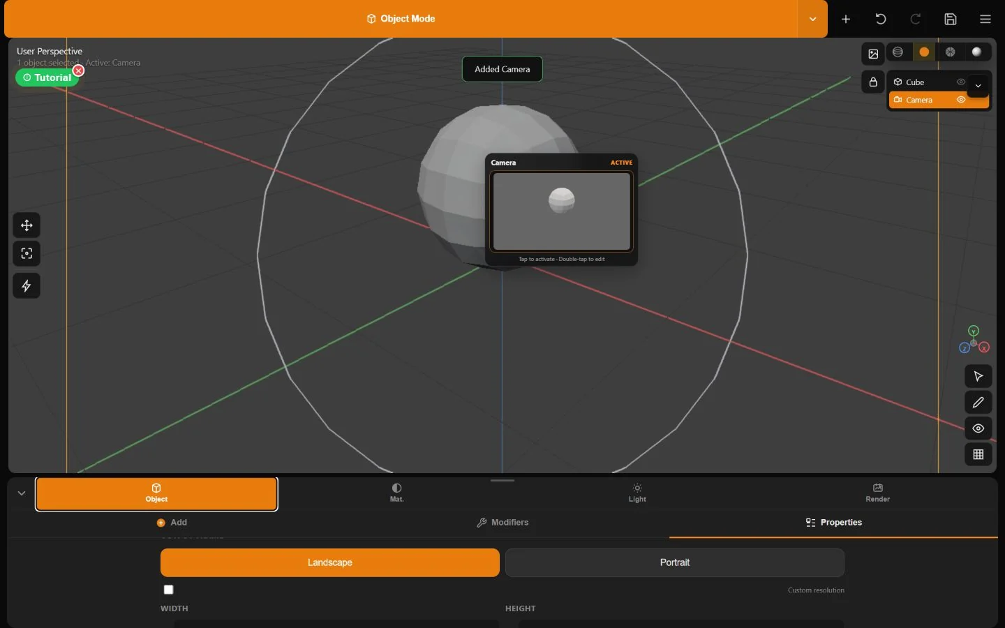 A selected active Minder camera with live preview, output frame, perspective and orthographic lens controls, clipping, composition, and transforms