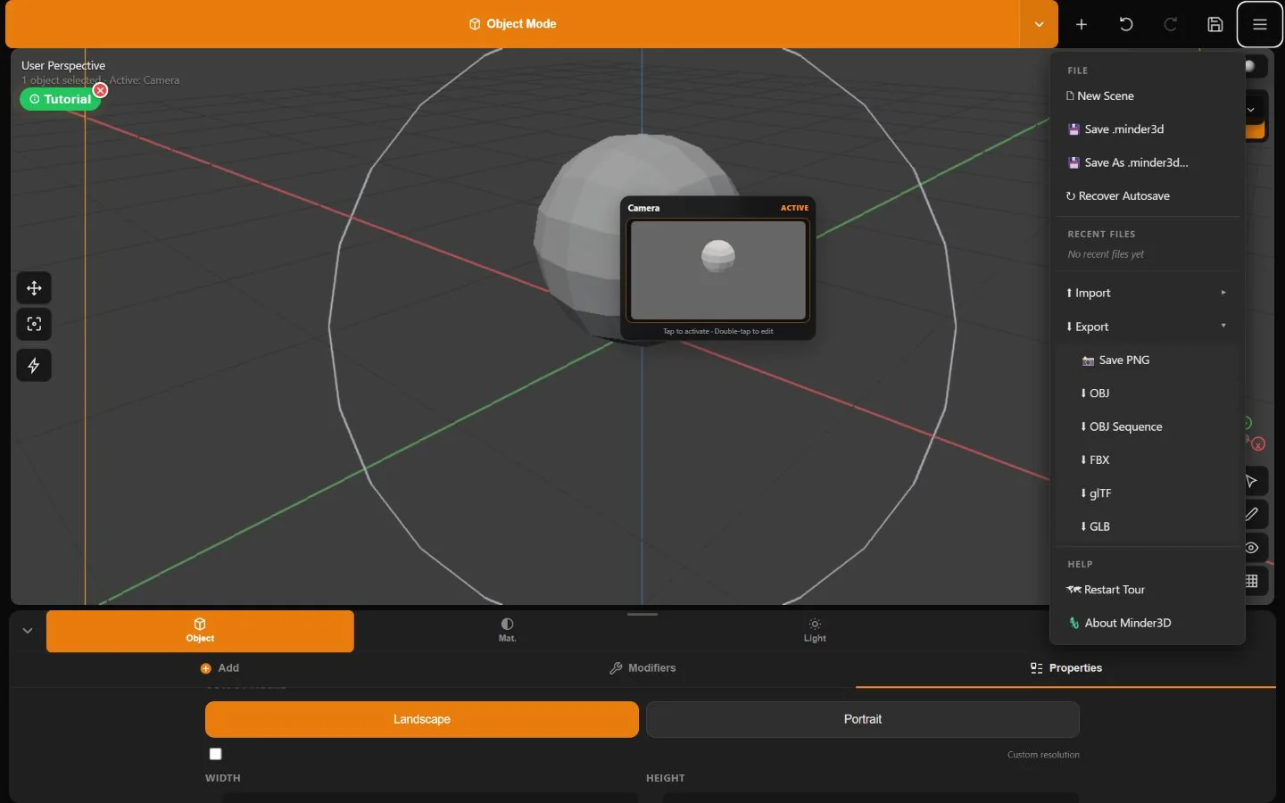 Minder File menu with PNG, OBJ, OBJ Sequence, FBX, glTF, and GLB export entries