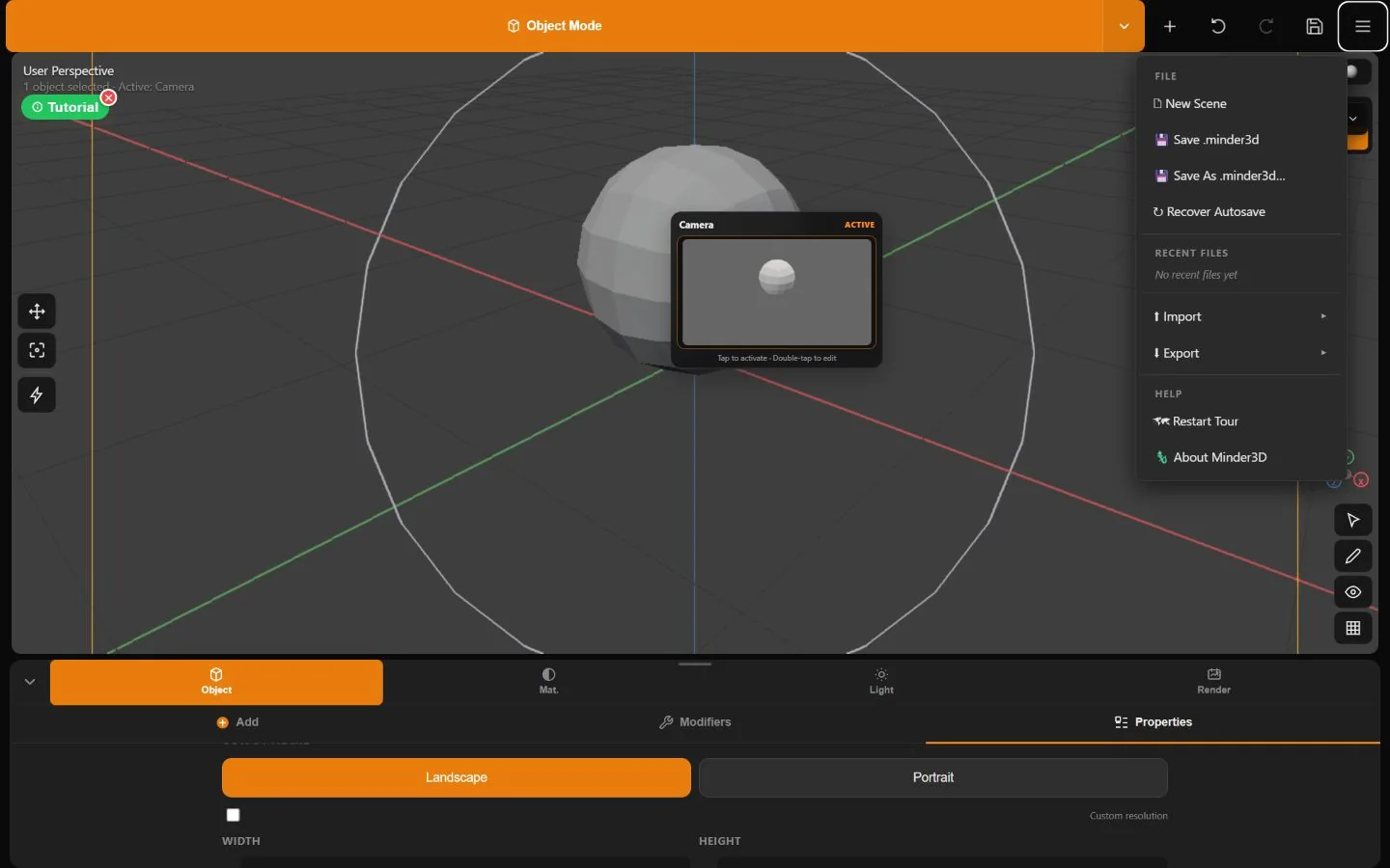 The Minder File menu with New Scene, Save, Save As, autosave recovery, import, export, and help
