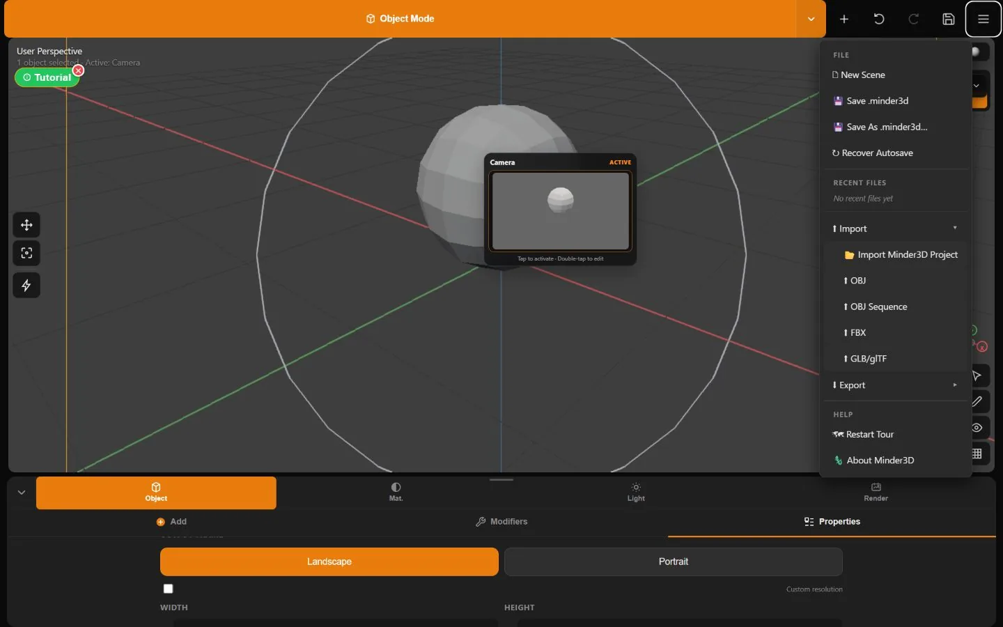 Minder File menu with native project, OBJ, OBJ Sequence, FBX, and GLB glTF import options