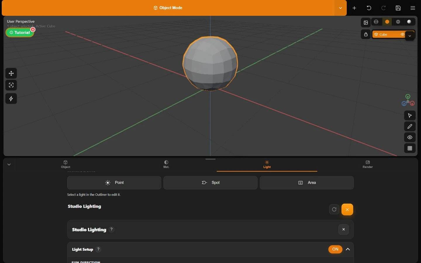 Expanded Minder Studio Lighting settings with sun direction, light strengths, shadows, sky, ambient occlusion, quality, and presentation controls