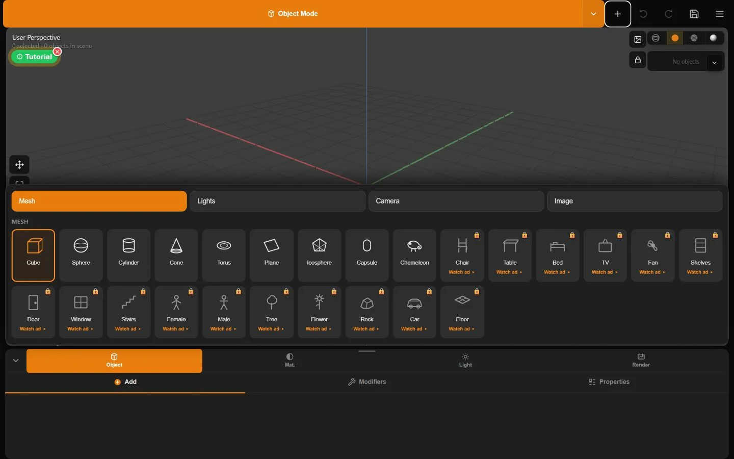 The real Minder Add menu showing mesh primitives, Camera, Image, Lights, and model library items