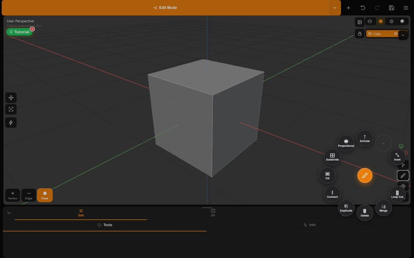 Minder Edit Mode showing Vertex, Edge, Face and modeling operations such as Extrude, Inset, Loop Cut, Merge, Connect, Fill, and Subdivide