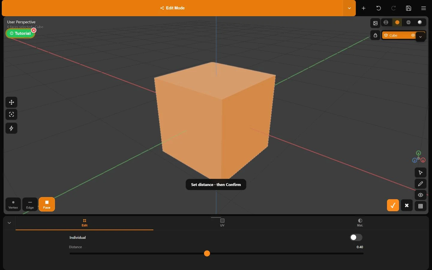 A live Minder Extrude operation with selected cube faces, Distance slider, Individual switch, Confirm and Cancel