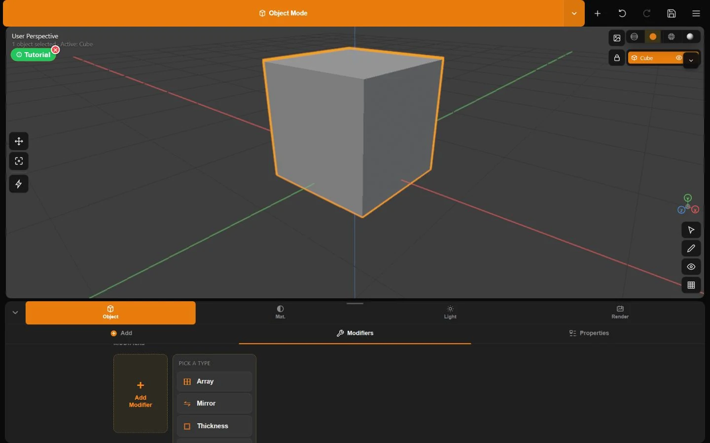Minder modifier picker listing Array, Mirror, Thickness, Bevel, Subdivision, Triangulate, Sprinkles, and Scatter