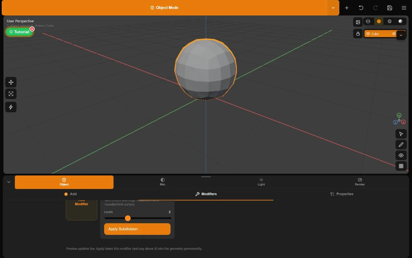 A live Minder modifier card showing visibility, removal, Levels, Apply, and the non-destructive preview note