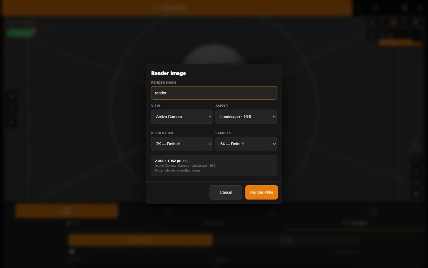 Minder Render Image dialog showing name, view, aspect, resolution, samples, output dimensions, and Render PNG