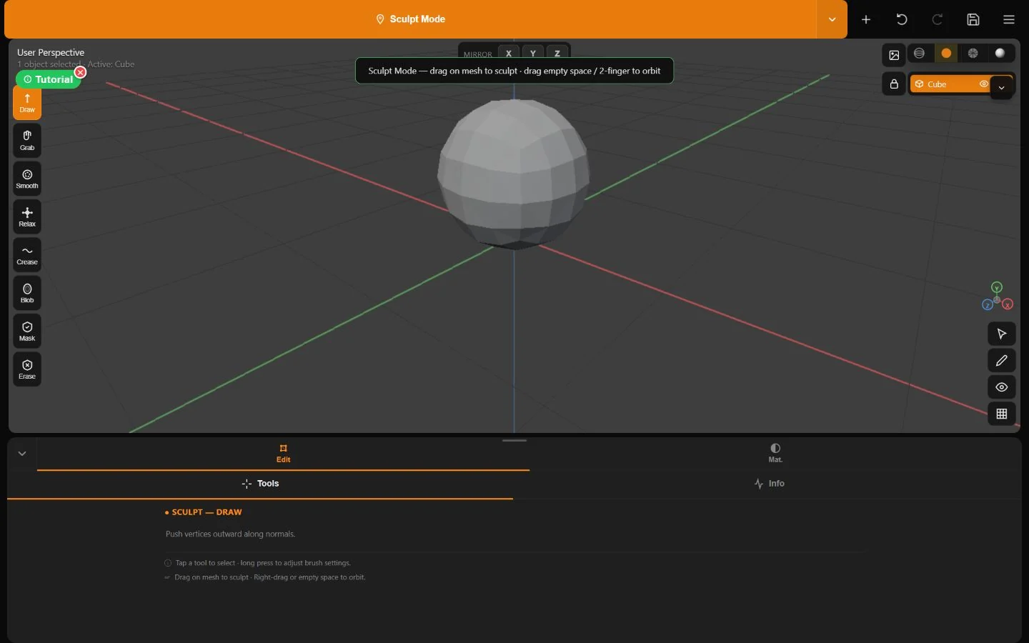 Minder Sculpt Mode with Draw, Grab, Smooth, Relax, Crease, Blob, Mask, Erase, symmetry, and the active brush description