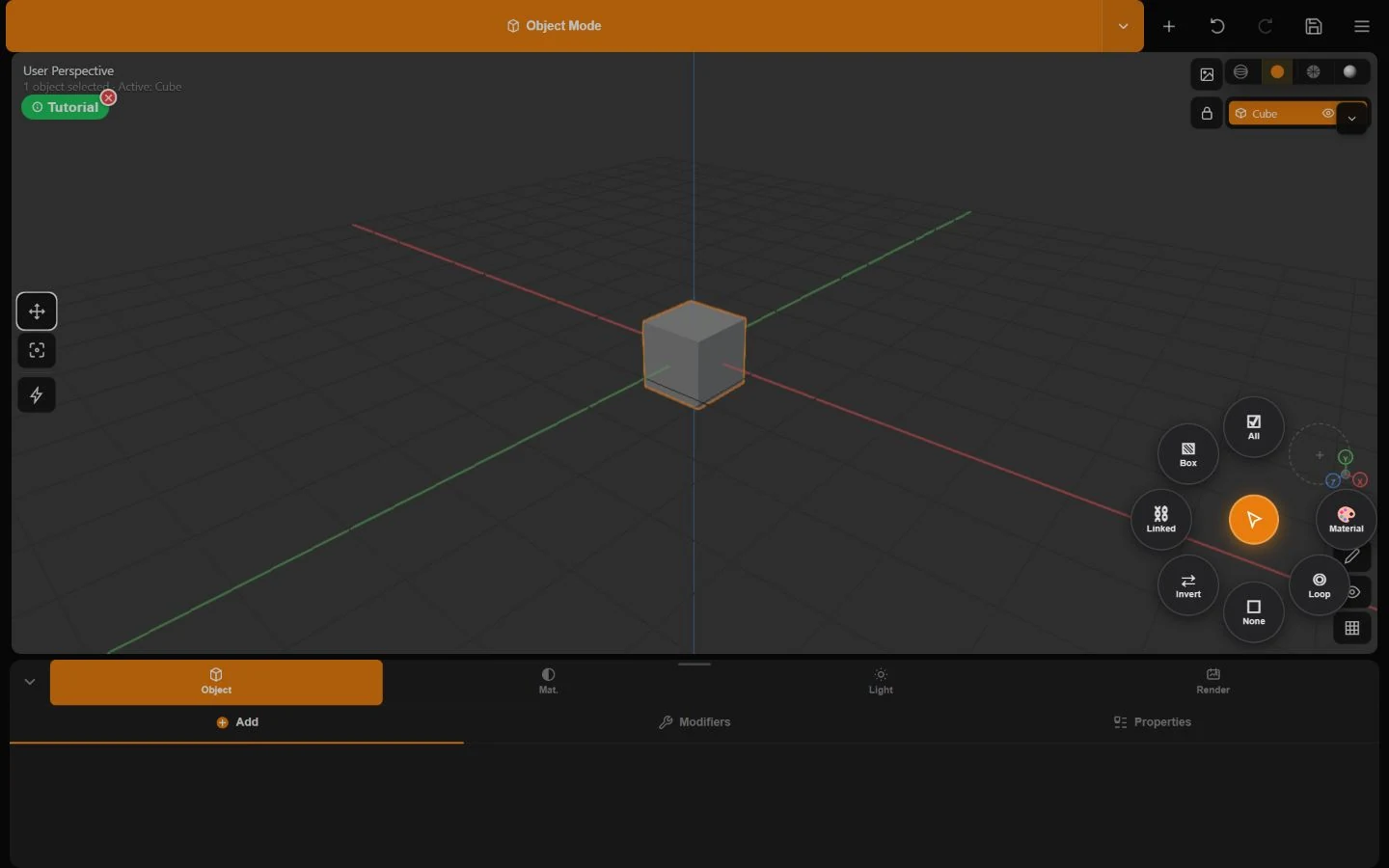 Minder Selection menu showing All, None, Linked, Material, Invert, Loop, and Box