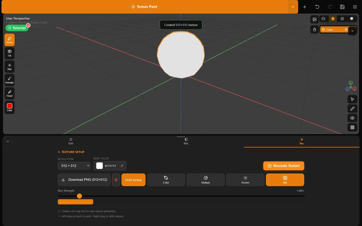 Minder Texture Paint mode showing Brush, Fill, Blur, Smudge, Picker, blend modes, texture download, and active texture