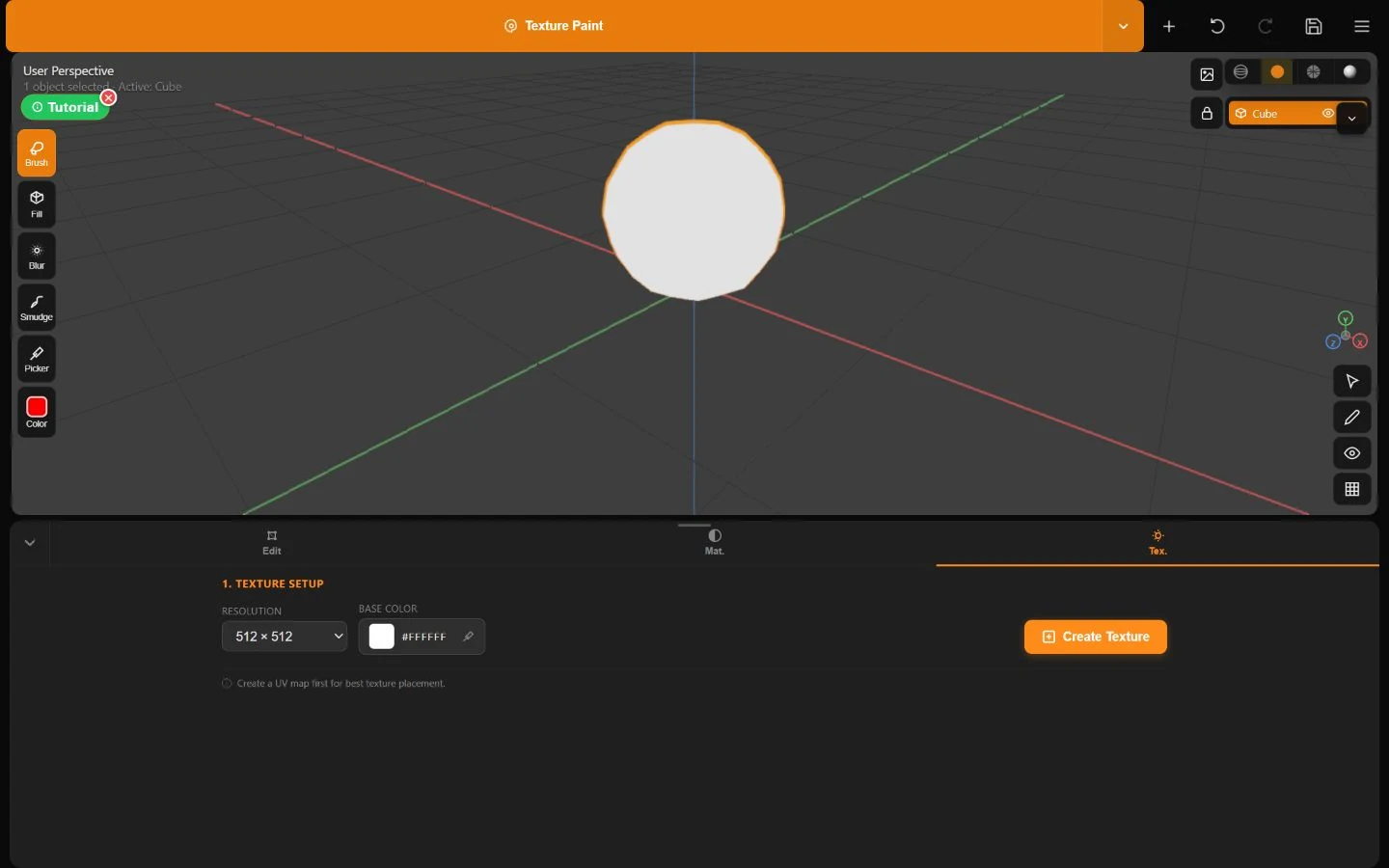 Minder Texture Paint setup with resolution, base color, and Create Texture