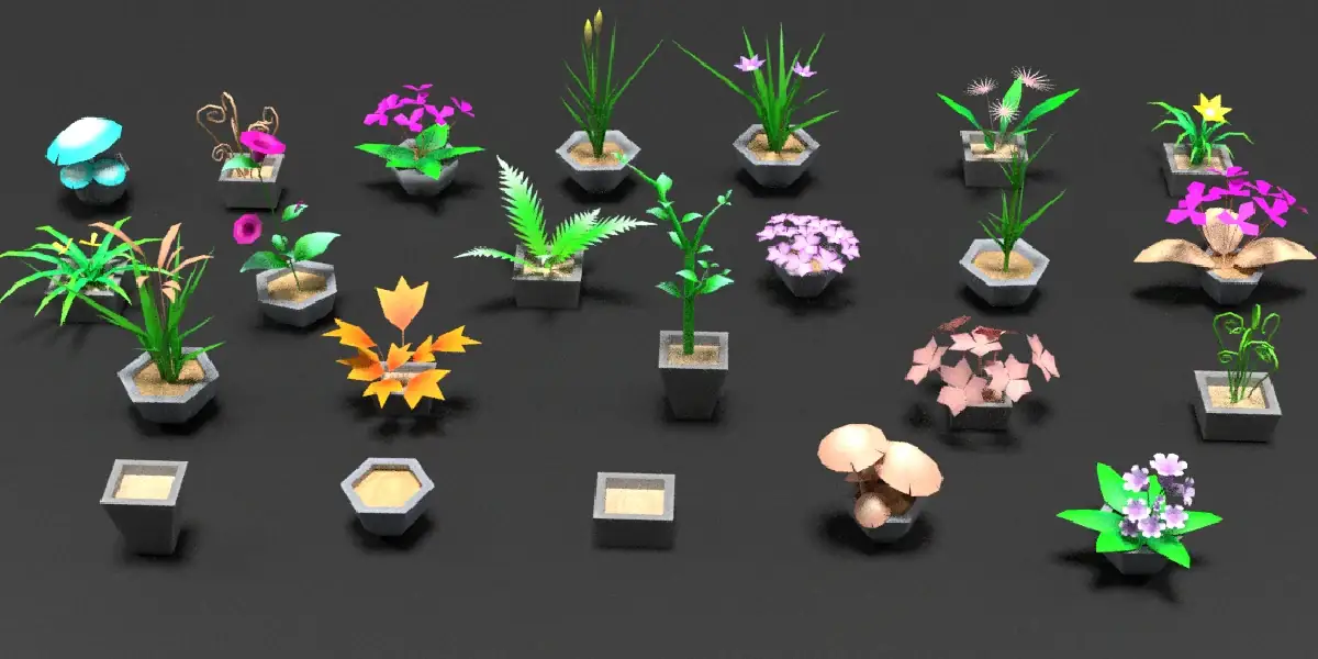 A collection of stylized botanical models rendered in Minder