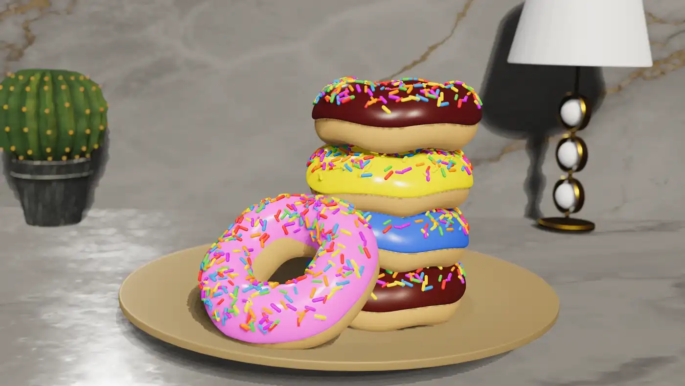A colorful stack of donuts modeled and rendered in Minder