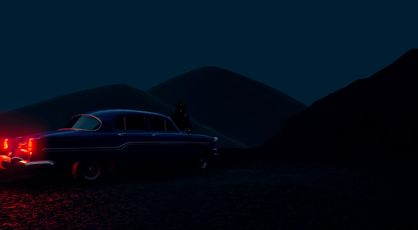 A cinematic night-time car scene rendered in Minder