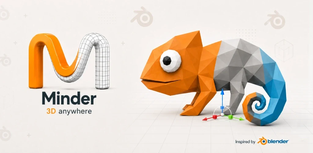 Minder 3D brand artwork featuring the orange Minder mark and a low-poly chameleon model